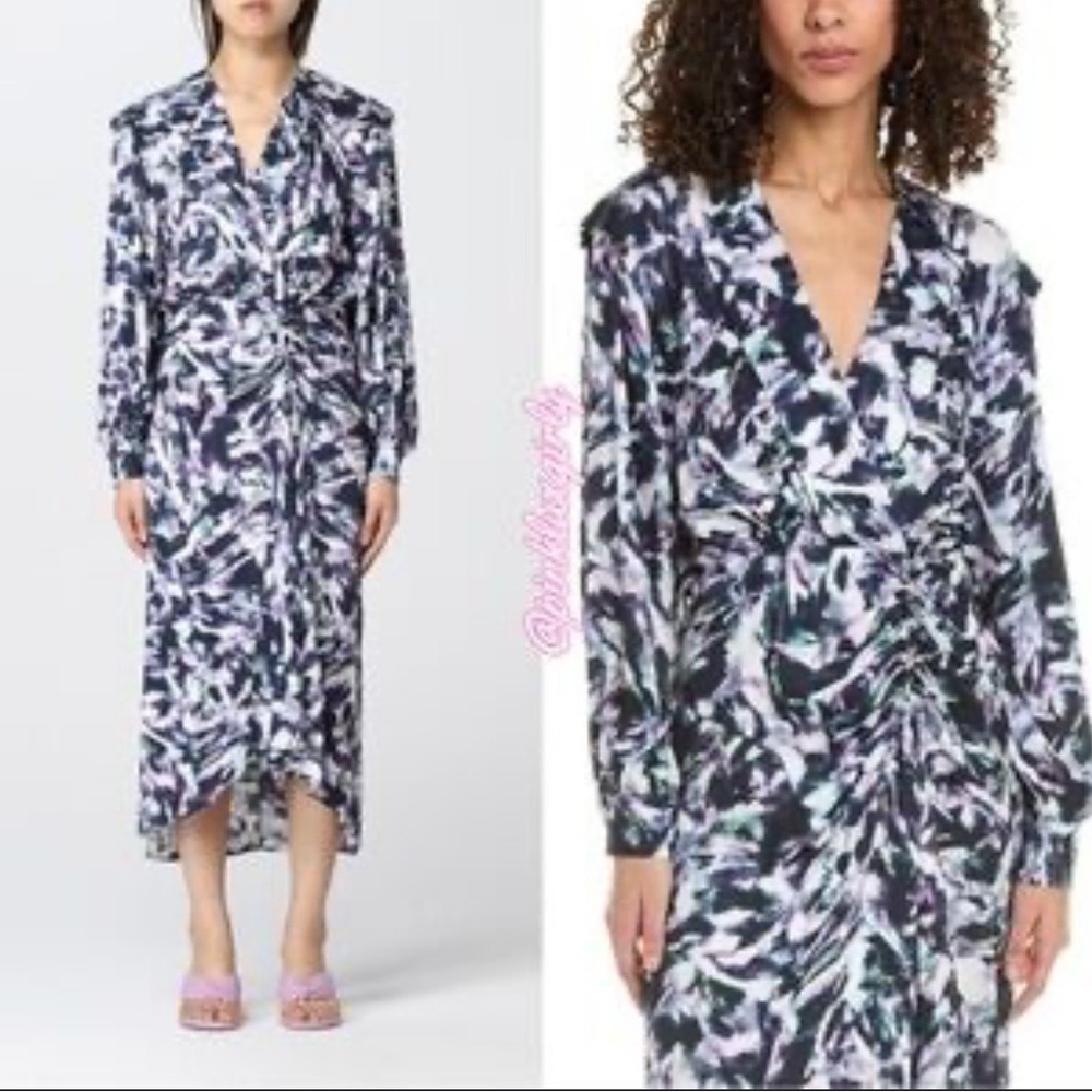 IRO Paris Kun Abstract Print Ruched V-Neck Midi Dress Purple Navy White Size 44